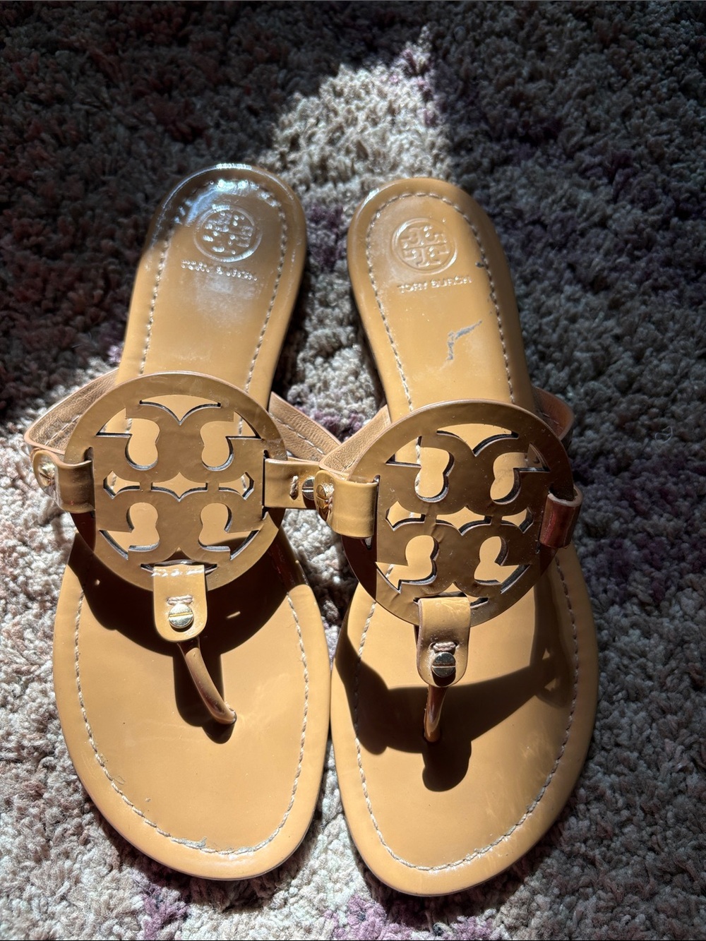 Tory Burch Tan Miller Leather Logo Thong Sandals
